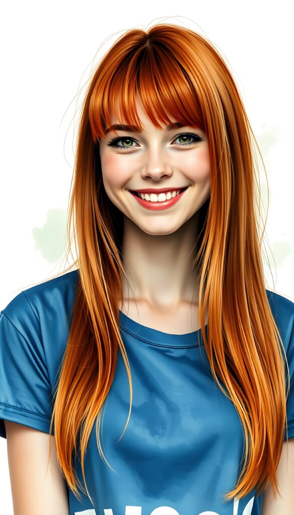 A realistic photo featuring an adult girl with long, ((glowing ginger red straight jet hair, bangs frame her round face)). She is wearing a blue t-shirt, all against a light green backdrop. She is very happy, smile, white teeth.