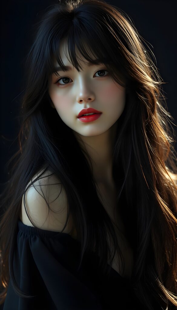 A realistic photo of probably the prettiest, sweetest, and most fantastic girl in the world. She has Asian features, long, straight, full, soft hair that falls elegantly and gently over her entire body, enveloping it. Flawless skin. Red kissable lips and deep black doe eyes. The image is extremely detailed and absolutely photorealistic. Dark empty plain backdrop.