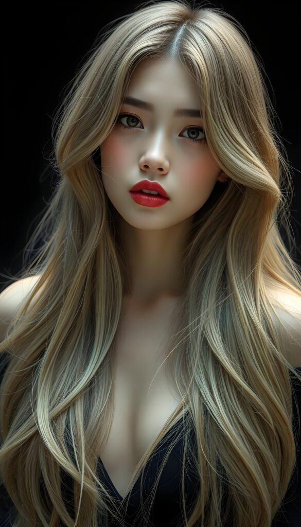 A realistic photo of probably the prettiest, sweetest, and most fantastic girl in the world. She has Asian features, long, straight, full, soft hair that falls elegantly and gently over her entire body, enveloping it. Flawless skin. Red kissable lips and deep black doe eyes. The image is extremely detailed and absolutely photorealistic. Dark empty plain backdrop.