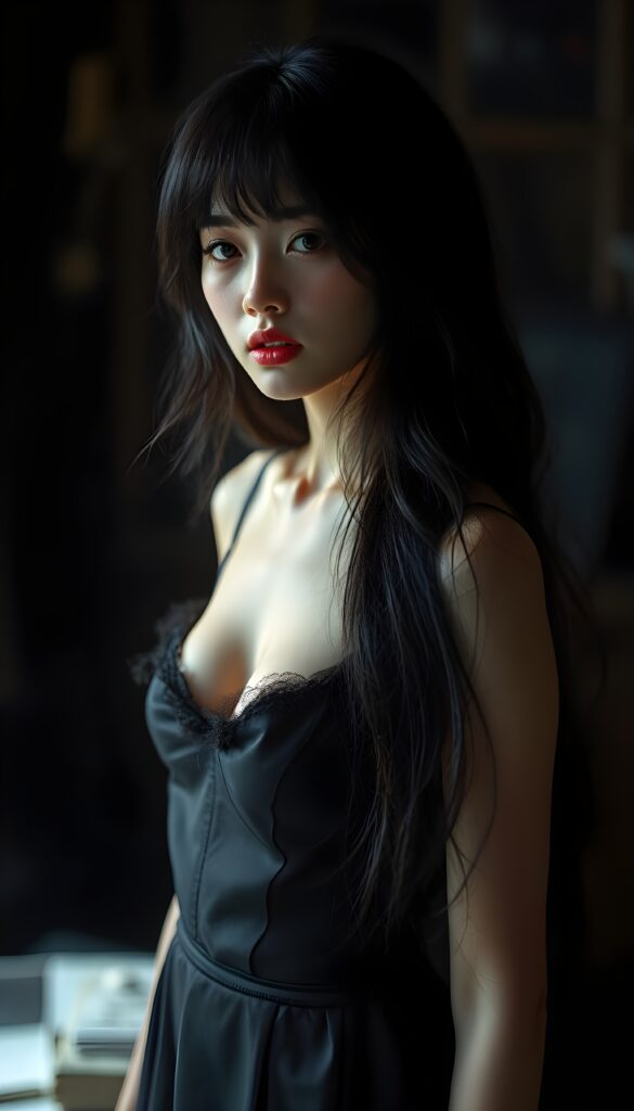 A realistic photo of probably the prettiest, sweetest, and most fantastic girl in the world. She has long, straight, full, soft dark hair that falls elegantly and gently over her entire body, enveloping it. Flawless skin. Red kissable lips and deep black doe eyes. The image is extremely detailed and absolutely photorealistic. Dark thin dressed negligee in silk. She stands in a dark room, slightly sun light falls in to an old windows.