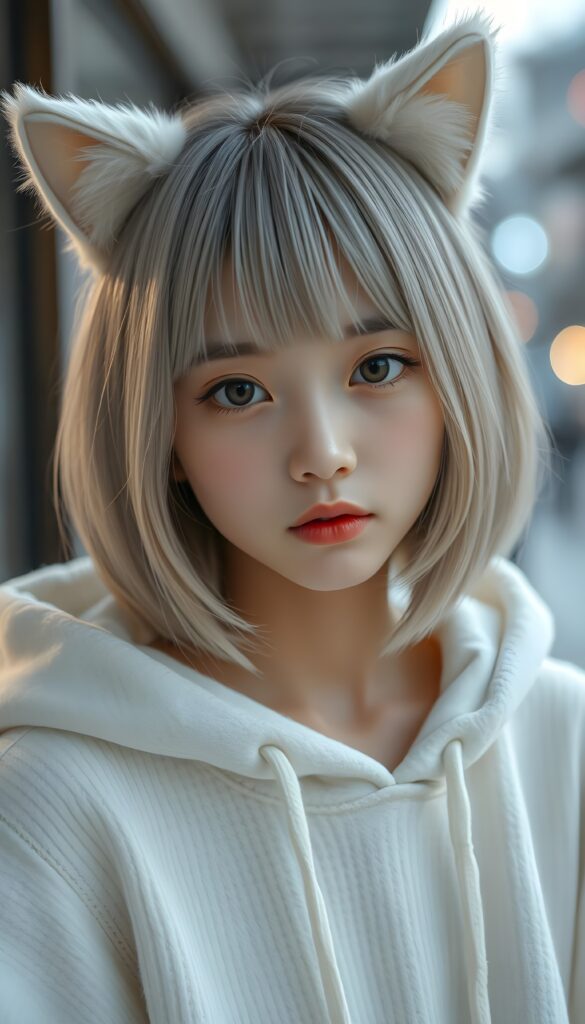 A realistic photo shows a cute, young Japanese girl, she has fine, straight soft full open light gray hair, her hair falls down in a perfect shoulder length bob cut, perfect bangs cut and a round face, and flawless skin. She has white, fluffy cat ears. The girl is looking cheekily direct at the camera. She wars only a fine white oversized hoodie made of wool. Beautiful amber eyes and red lips.