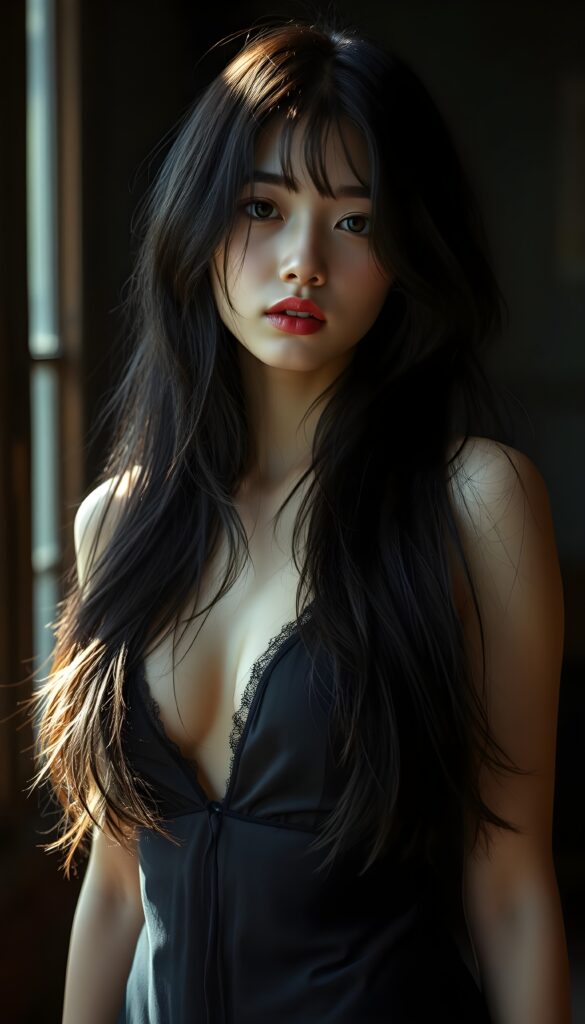 A realistic photo of probably the prettiest, sweetest, and most fantastic girl in the world. She has long, straight, full, soft dark hair that falls elegantly and gently over her entire body, enveloping it. Flawless skin. Red kissable lips and deep black doe eyes. The image is extremely detailed and absolutely photorealistic. Dark thin dressed negligee in silk. She stands in a dark room, slightly sun light falls in to an old windows.