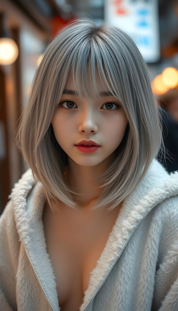 A realistic photo shows a cute, young Japanese girl, she has fine, straight soft full open light gray hair, her hair falls down in a perfect shoulder length bob cut, perfect bangs cut and a round face, and flawless skin. The girl is looking cheekily direct at the camera. She wars only a fine white fluffy oversized open hoodie. Beautiful amber eyes and red lips. Seductive look.