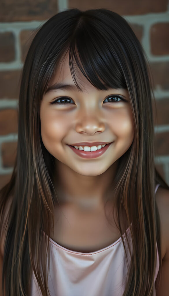 A realistic photo from a vibrant, high-angle view of a cheerful young girl with soft brown long straight hair and black highlights framing her face in the same length left and right. Her round, expressive face is flawless. She wears a stylish, thin colored tank top made of fine silk, blending harmoniously with her natural beauty, all against a brick wall.