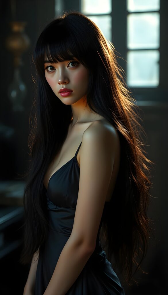 A realistic photo of probably the prettiest, sweetest, and most fantastic girl in the world. She has long, straight, full, soft dark hair that falls elegantly and gently over her entire body, enveloping it. Flawless skin. Red kissable lips and deep black doe eyes. The image is extremely detailed and absolutely photorealistic. Dark thin dressed negligee in silk. She stands in a dark room, slightly sun light falls in to an old windows.