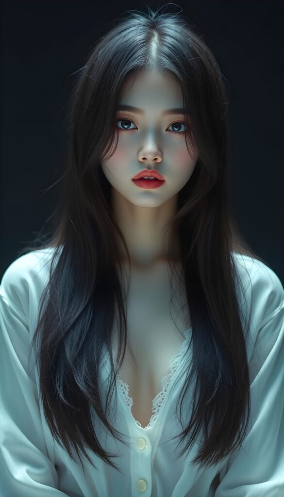 A realistic photo of probably the prettiest, sweetest, and most fantastic girl in the world. She has Asian features, long, straight, full, soft hair that falls elegantly and gently over her entire body, enveloping it. Flawless skin. Red kissable lips and deep black doe eyes. The image is extremely detailed and absolutely photorealistic. Dark empty plain backdrop.