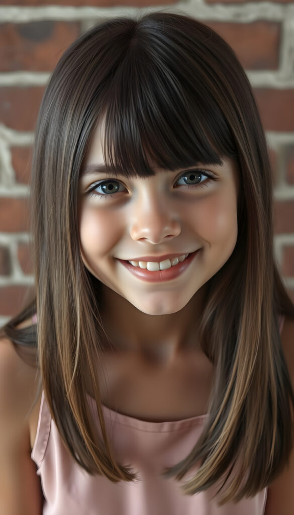A realistic photo from a vibrant, high-angle view of a cheerful young girl with soft brown long straight hair and black highlights framing her face in the same length left and right. Her round, expressive face is flawless. She wears a stylish, thin colored tank top made of fine silk, blending harmoniously with her natural beauty, all against a brick wall.