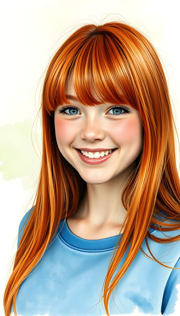A realistic photo featuring an adult girl with long, ((glowing ginger red straight jet hair, bangs frame her round face)). She is wearing a blue t-shirt, all against a light green backdrop. She is very happy, smile, white teeth.
