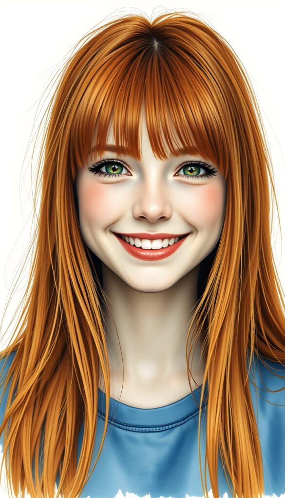 A realistic photo featuring an adult girl with long, ((glowing ginger red straight jet hair, bangs frame her round face)). She is wearing a blue t-shirt, all against a light green backdrop. She is very happy, smile, white teeth.