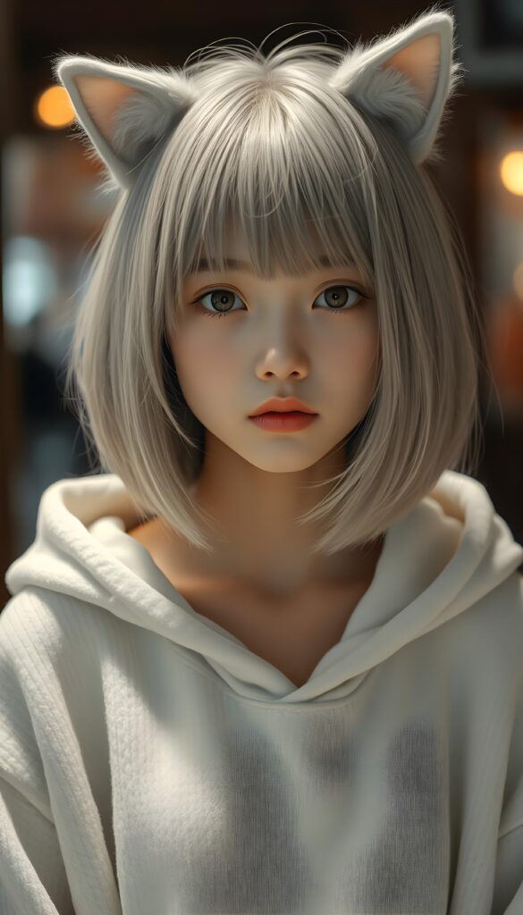 A realistic photo shows a cute, young Japanese girl, she has fine, straight soft full open light gray hair, her hair falls down in a perfect shoulder length bob cut, perfect bangs cut and a round face, and flawless skin. She has white, fluffy cat ears. The girl is looking cheekily direct at the camera. She wars only a fine white oversized hoodie made of wool. Beautiful amber eyes and red lips.