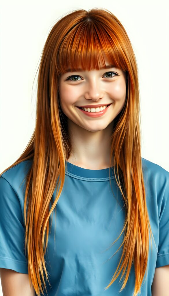 A realistic photo featuring an adult girl with long, ((glowing ginger red straight jet hair, bangs frame her round face)). She is wearing a blue t-shirt, all against a light green backdrop. She is very happy, smile, white teeth.