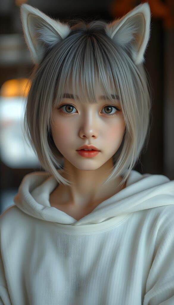A realistic photo shows a cute, young Japanese girl, she has fine, straight soft full open light gray hair, her hair falls down in a perfect shoulder length bob cut, perfect bangs cut and a round face, and flawless skin. She has white, fluffy cat ears. The girl is looking cheekily direct at the camera. She wars only a fine white oversized hoodie made of wool. Beautiful amber eyes and red lips.