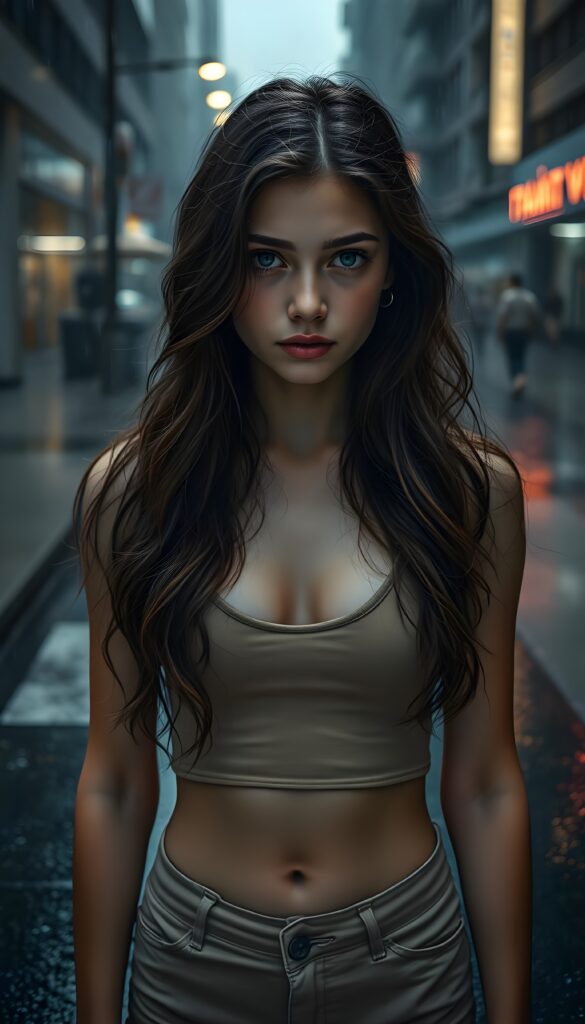 A realistic portrayal of a teenage girl with long, wavy brown hair adorned with subtle highlights, silver skin, and a deep, dusty blue gaze. She wears a beige short-sleeve crop tank top with a plunging neckline and beige shorts, revealing her midriff. Her expression is somber, gazing up at the viewer. She stands amidst a heavy rainstorm on a city street, with raindrops glistening on her face and clothes, creating a moody, cinematic atmosphere with dramatic lighting and reflections on the wet pavement.