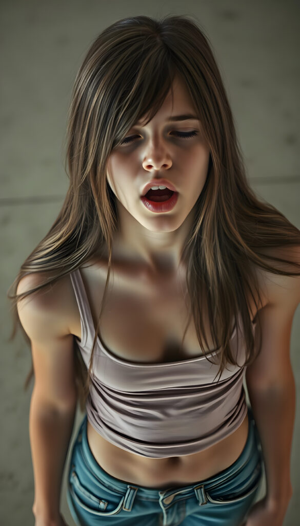 A realistic scene featuring a young teen girl with long, straight hair. She wears a tight, short tank top with a low neckline and short denim jeans, revealing a sufficient amount of her chest. The background is neutral and uncluttered, providing a clear view from above as she looks directly at the viewer. The lighting is natural, highlighting her features and the texture of her hair. ((wide open mouth, closed eyes))
