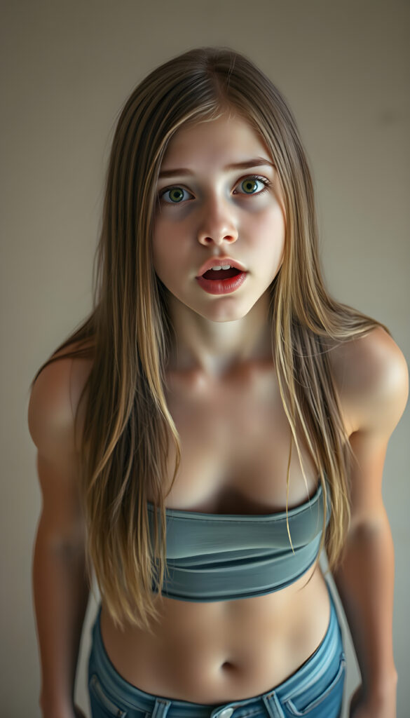 A realistic scene featuring a young teen girl with long, straight hair. She wears a tight, short tank top with a low neckline and short denim jeans, revealing a sufficient amount of her chest. The background is neutral and uncluttered, providing a clear view from above as she looks directly at the viewer. The lighting is natural, highlighting her features and the texture of her hair. ((wide open mouth))
