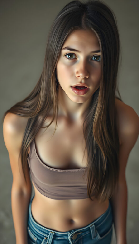 A realistic scene featuring a young teen girl with long, straight hair. She wears a tight, short tank top with a low neckline and short denim jeans, revealing a sufficient amount of her chest. The background is neutral and uncluttered, providing a clear view from above as she looks directly at the viewer. The lighting is natural, highlighting her features and the texture of her hair. ((wide open mouth))