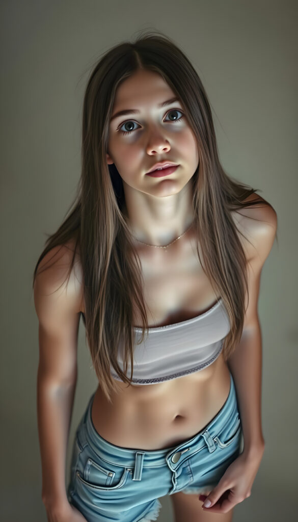 A realistic scene featuring a young teen girl with long, straight hair. She wears a tight, short tank top with a low neckline and short denim jeans, revealing a sufficient amount of her chest. The background is neutral and uncluttered, providing a clear view from above as she looks up directly at the viewer. The lighting is natural, highlighting her features and the texture of her hair.