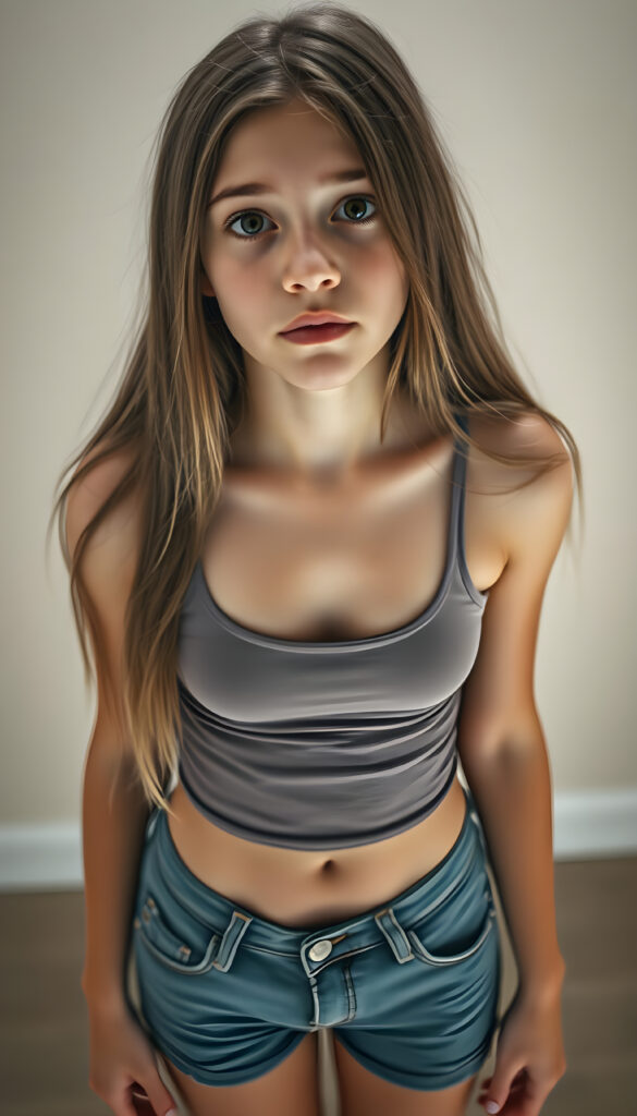 A realistic scene featuring a young teen girl with long, straight hair. She wears a tight, short tank top with a low neckline and short denim jeans, revealing a sufficient amount of her chest. The background is neutral and uncluttered, providing a clear view from above as she looks up directly at the viewer. The lighting is natural, highlighting her features and the texture of her hair.