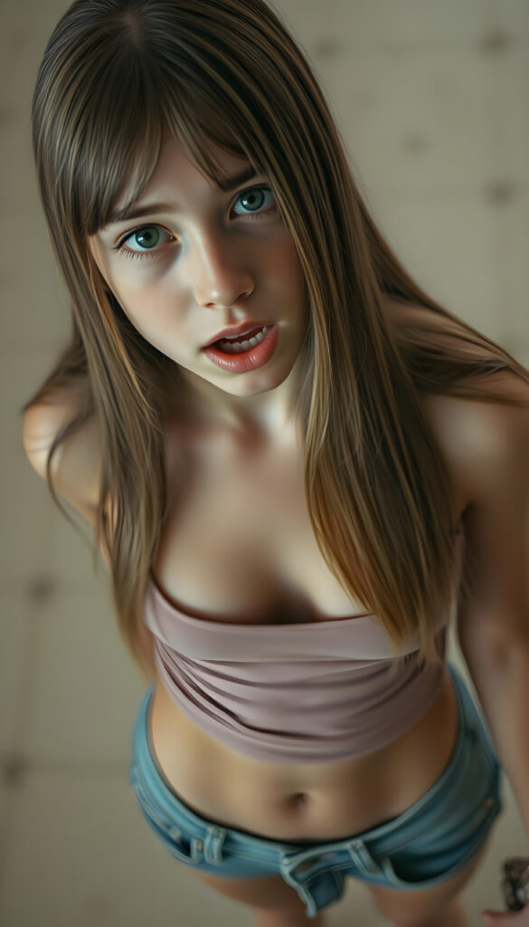 A realistic scene featuring a young teen girl with long, straight hair. She wears a tight, short tank top with a low neckline and short denim jeans, revealing a sufficient amount of her chest. The background is neutral and uncluttered, providing a clear view from above as she looks directly at the viewer. The lighting is natural, highlighting her features and the texture of her hair. ((wide open mouth))