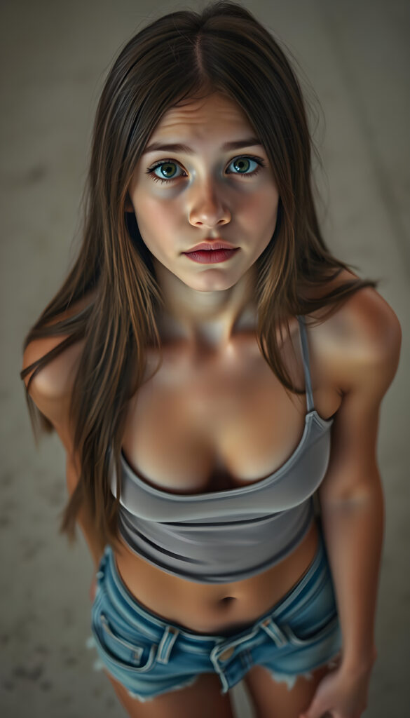 A realistic scene featuring a young teen girl with long, straight hair. She wears a tight, short tank top with a low neckline and short denim jeans, revealing a sufficient amount of her chest. The background is neutral and uncluttered, providing a clear view from above as she looks up directly at the viewer. The lighting is natural, highlighting her features and the texture of her hair.