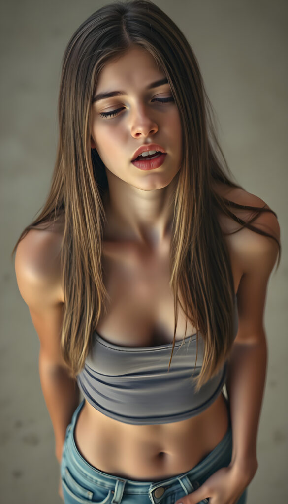 A realistic scene featuring a young teen girl with long, straight hair. She wears a tight, short tank top with a low neckline and short denim jeans, revealing a sufficient amount of her chest. The background is neutral and uncluttered, providing a clear view from above as she looks directly at the viewer. The lighting is natural, highlighting her features and the texture of her hair. ((wide open mouth, closed eyes))