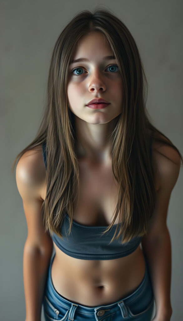 A realistic scene featuring a young teen girl with long, straight hair. She wears a tight, short tank top with a low neckline and short denim jeans, revealing a sufficient amount of her chest. The background is neutral and uncluttered, providing a clear view from above as she looks up directly at the viewer. The lighting is natural, highlighting her features and the texture of her hair.