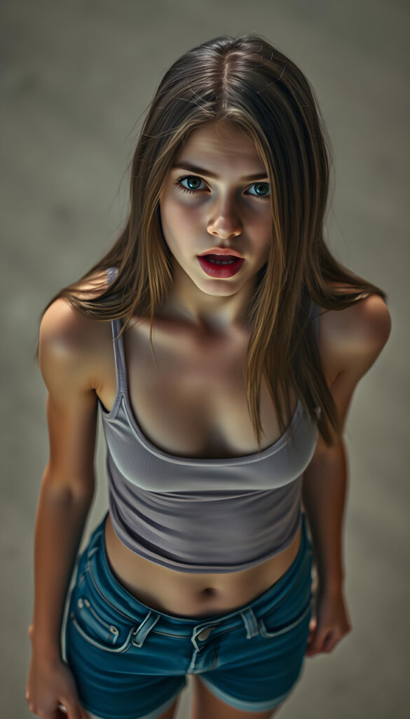 A realistic scene featuring a young teen girl with long, straight hair. She wears a tight, short tank top with a low neckline and short denim jeans, revealing a sufficient amount of her chest. The background is neutral and uncluttered, providing a clear view from above as she looks directly at the viewer. The lighting is natural, highlighting her features and the texture of her hair. ((wide open mouth))