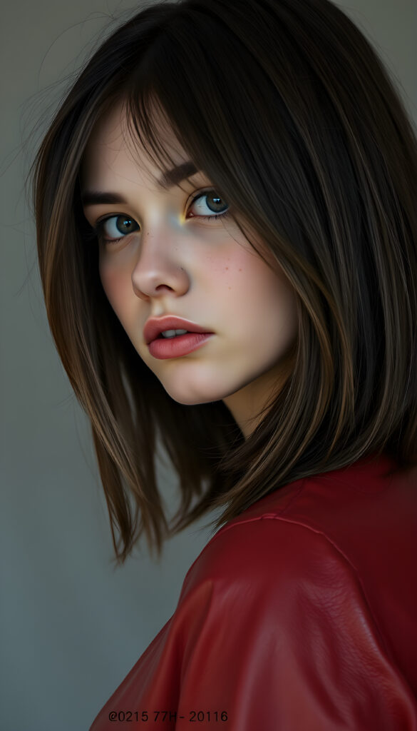 A realistic young woman with shoulder-length dark brown hair, the same length on both sides, her hair frame her face, full plump lips, blue eyes, and a few freckles. She is wearing a thin red leather jacket and looking sideways into the camera.