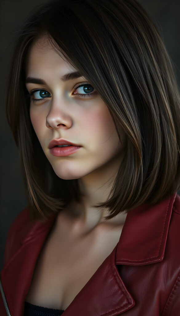 A realistic young woman with shoulder-length dark brown hair, the same length on both sides, her hair frame her face, full plump lips, blue eyes, and a few freckles. She is wearing a thin red leather jacket and looking sideways into the camera.
