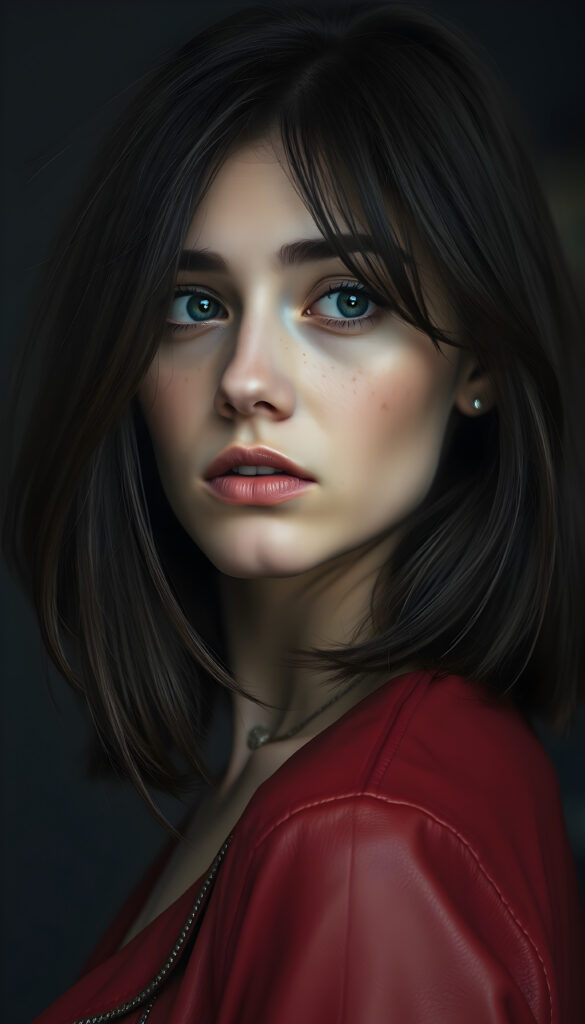 A realistic young woman with shoulder-length dark brown hair, the same length on both sides, her hair frame her face, full plump lips, blue eyes, and a few freckles. She is wearing a thin red leather jacket and looking sideways into the camera.