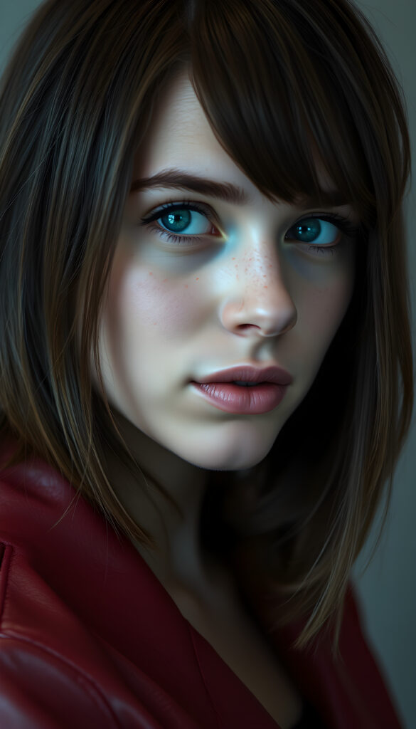 A realistic young woman with shoulder-length dark brown hair, the same length on both sides, her hair frame her face, full plump lips, blue eyes, and a few freckles. She is wearing a thin red leather jacket and looking sideways into the camera.