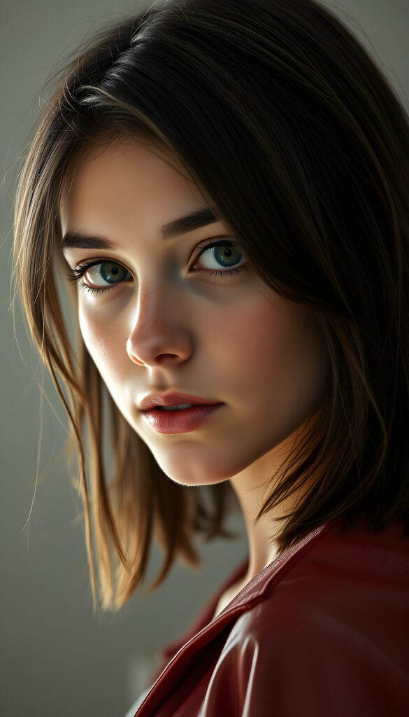 A realistic young woman with shoulder-length dark brown hair, the same length on both sides, her hair frame her face, full plump lips, blue eyes, and a few freckles. She is wearing a thin red leather jacket and looking sideways into the camera.