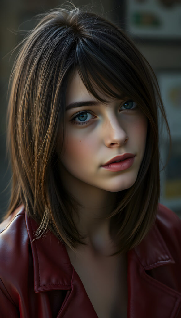 A realistic young woman with shoulder-length dark brown hair, the same length on both sides, her hair frame her face, full plump lips, blue eyes, and a few freckles. She is wearing a thin red leather jacket and looking sideways into the camera.