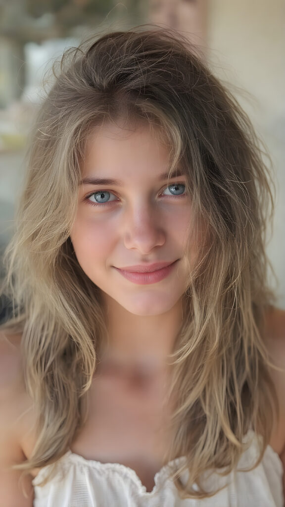 A (((realistically captured moment in a warm, sunny setting))), where a (((beautiful dirty teen girl))) with (long, messy hair) and (a softly faded summer dress) is posed against a backdrop of a (retro 80s-style backdrop) for a full-body shot. Her face exudes a (vibrant, happy vibe), with (natural skin) and (defined, pale blue eyes) that give off a (cool, detailed glow). Her expression is (extremely happy and serene), as if captured in a (professional studio photo) that exudes a (soft, warm light) with intricate details on her face and skin that make her look (extremely beautiful) at an 8K resolution and UHD advanced image quality
