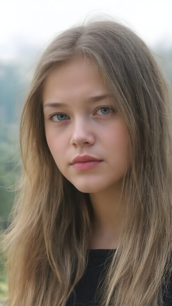 A (((realistically detailed portrait))) of a (((beautiful cute young adult natural teen girl)), with straight long flowing hair, and (((white skin)), juxtaposed against a (((natural backdrop of a (high mountain range) with a (forest so dense it's indistinguishable from the misty green lush forests that surround it), under a (softly glowing, overhead light) that gives off an ethereal halo. Her features are exquisitely drawn, with (((perfect curved lips))), and (((white irises))). The overall style is reminiscent of classic Hollywood cinematography, with a (((natural, ultra realistic complexion))), and a (vivid, highly detailed, full color aesthetic) that completes the (professional, ultra realistic photo)