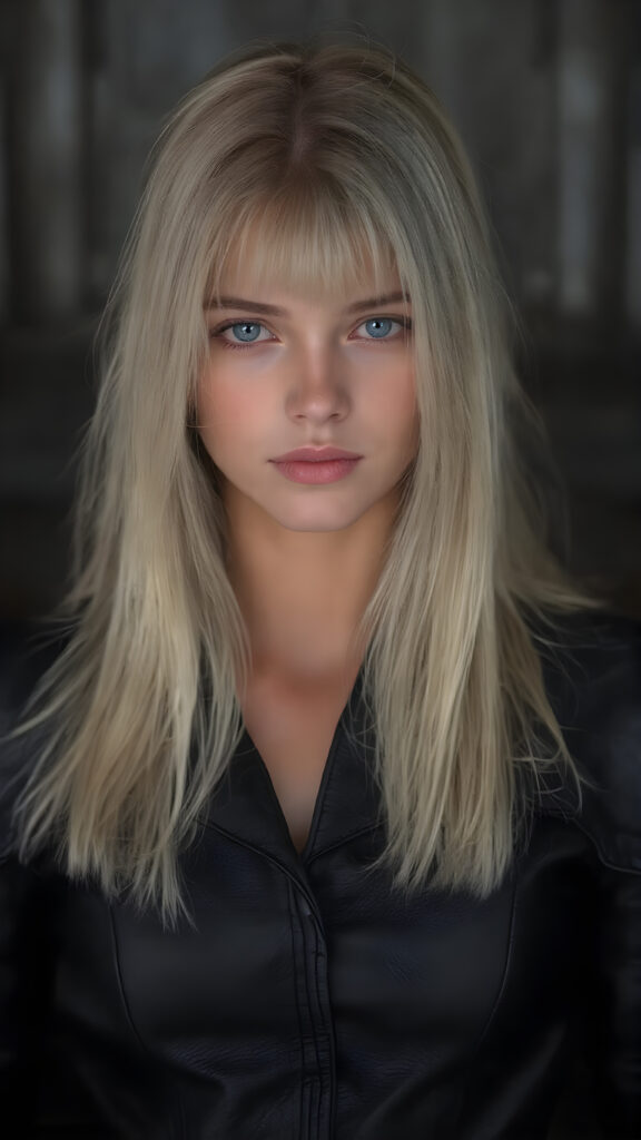 A (((realistically captured high-resolution photograph))), portraying a (((beautiful young girl))) with ((straight, long, white hair)) and (((black irises))) in a (((black leather armor leader suit))), accessorized with a (((golden belt))), poised confidently with a (((subtle smile))) that gives off a youthful, powerful allure, seductive, full body shot, reminiscent of the 40s, with a (((perfectly proportioned figure))), emphasizing its (modern sophistication) and vintage fashion themes, set against a backdrop of (detailed, ultra high definition rendering), with (sharp focus) on her face and (softly blurred) background that enhances the overall (mysterious atmosphere)