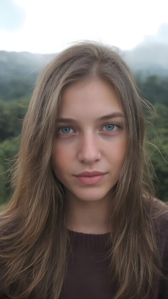 A (((realistically detailed portrait))) of a (((beautiful cute young adult natural teen girl)), with straight long flowing hair, and (((white skin)), juxtaposed against a (((natural backdrop of a (high mountain range) with a (forest so dense it's indistinguishable from the misty green lush forests that surround it), under a (softly glowing, overhead light) that gives off an ethereal halo. Her features are exquisitely drawn, with (((perfect curved lips))), and (((white irises))). The overall style is reminiscent of classic Hollywood cinematography, with a (((natural, ultra realistic complexion))), and a (vivid, highly detailed, full color aesthetic) that completes the (professional, ultra realistic photo)