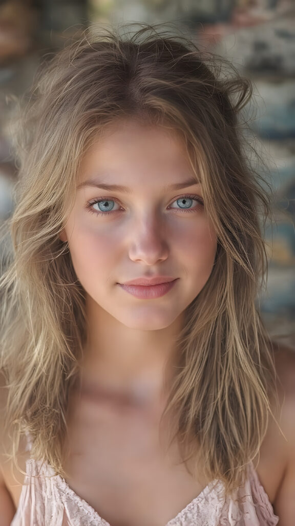 A (((realistically captured moment in a warm, sunny setting))), where a (((beautiful dirty teen girl))) with (long, messy hair) and (a softly faded summer dress) is posed against a backdrop of a (retro 80s-style backdrop) for a full-body shot. Her face exudes a (vibrant, happy vibe), with (natural skin) and (defined, pale blue eyes) that give off a (cool, detailed glow). Her expression is (extremely happy and serene), as if captured in a (professional studio photo) that exudes a (soft, warm light) with intricate details on her face and skin that make her look (extremely beautiful) at an 8K resolution and UHD advanced image quality