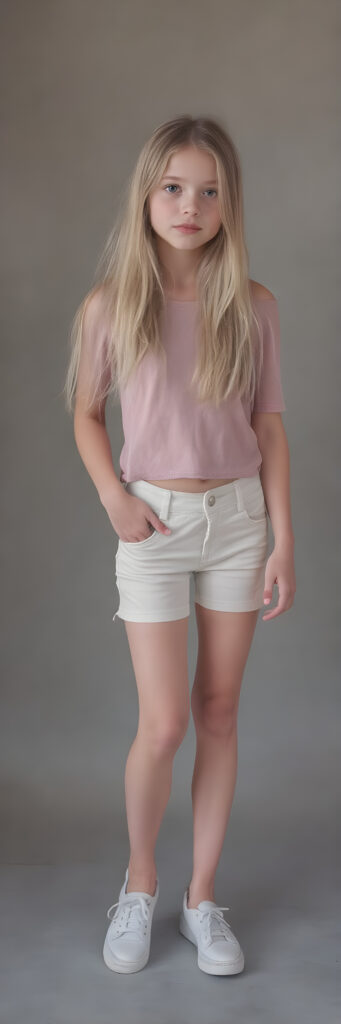 A (((realistically drawn full body shot))) of a (((cute young teen girl))) with long, straight soft blond hair, (pretty eyes), and a (delicate, almost translucent, yet perfectly detailed and perfectly proportioned figure) that defies the realm of reality, complemented by (white mini short jeans pants) and ((white shoes)), (((against a backdrop of a (softly lit grey studio setting))) with a warm, cozy, inviting glow