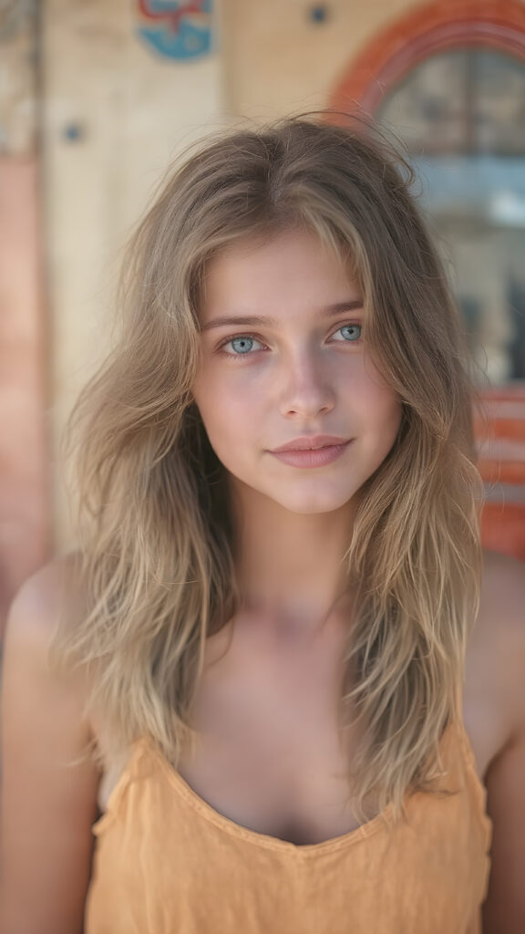 A (((realistically captured moment in a warm, sunny setting))), where a (((beautiful dirty teen girl))) with (long, messy hair) and (a softly faded summer dress) is posed against a backdrop of a (retro 80s-style backdrop) for a full-body shot. Her face exudes a (vibrant, happy vibe), with (natural skin) and (defined, pale blue eyes) that give off a (cool, detailed glow). Her expression is (extremely happy and serene), as if captured in a (professional studio photo) that exudes a (soft, warm light) with intricate details on her face and skin that make her look (extremely beautiful) at an 8K resolution and UHD advanced image quality