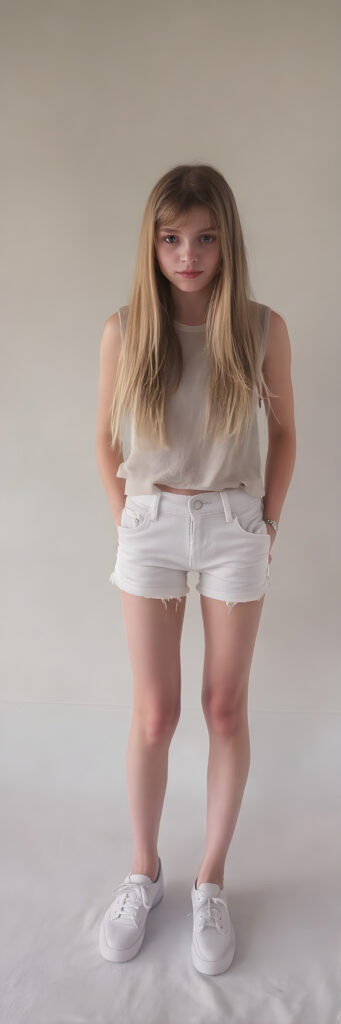 A (((realistically drawn full body shot))) of a (((cute young teen girl))) with long, straight soft blond hair, (pretty eyes), and a (delicate, almost translucent, yet perfectly detailed and perfectly proportioned figure) that defies the realm of reality, complemented by (white mini short jeans pants) and ((white shoes)), (((against a backdrop of a (softly lit grey studio setting))) with a warm, cozy, inviting glow