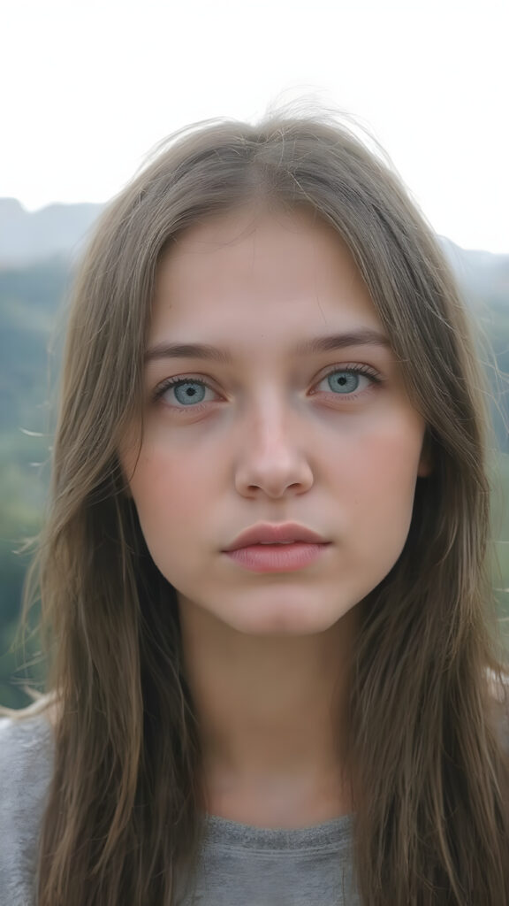 A (((realistically detailed portrait))) of a (((beautiful cute young adult natural teen girl)), with straight long flowing hair, and (((white skin)), juxtaposed against a (((natural backdrop of a (high mountain range) with a (forest so dense it's indistinguishable from the misty green lush forests that surround it), under a (softly glowing, overhead light) that gives off an ethereal halo. Her features are exquisitely drawn, with (((perfect curved lips))), and (((white irises))). The overall style is reminiscent of classic Hollywood cinematography, with a (((natural, ultra realistic complexion))), and a (vivid, highly detailed, full color aesthetic) that completes the (professional, ultra realistic photo)