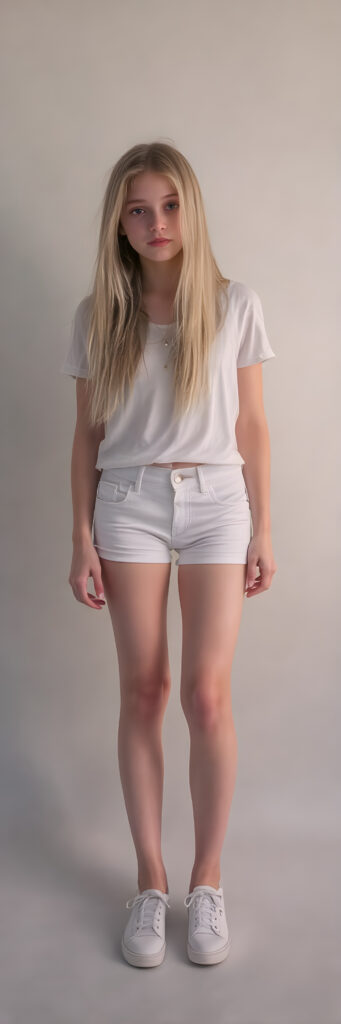 A (((realistically drawn full body shot))) of a (((cute young teen girl))) with long, straight soft blond hair, (pretty eyes), and a (delicate, almost translucent, yet perfectly detailed and perfectly proportioned figure) that defies the realm of reality, complemented by (white mini short jeans pants) and ((white shoes)), (((against a backdrop of a (softly lit grey studio setting))) with a warm, cozy, inviting glow