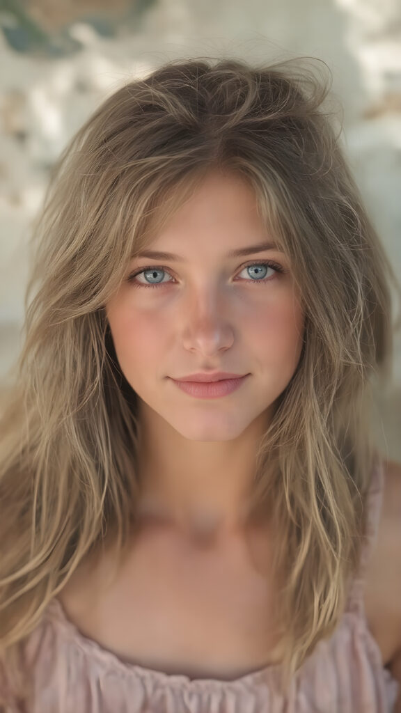 A (((realistically captured moment in a warm, sunny setting))), where a (((beautiful dirty teen girl))) with (long, messy hair) and (a softly faded summer dress) is posed against a backdrop of a (retro 80s-style backdrop) for a full-body shot. Her face exudes a (vibrant, happy vibe), with (natural skin) and (defined, pale blue eyes) that give off a (cool, detailed glow). Her expression is (extremely happy and serene), as if captured in a (professional studio photo) that exudes a (soft, warm light) with intricate details on her face and skin that make her look (extremely beautiful) at an 8K resolution and UHD advanced image quality