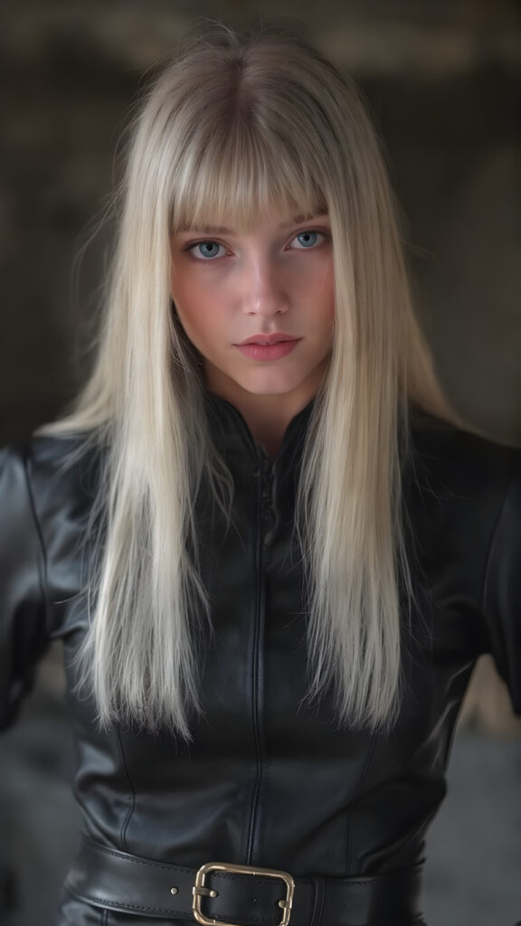 A (((realistically captured high-resolution photograph))), portraying a (((beautiful young girl))) with ((straight, long, white hair)) and (((black irises))) in a (((black leather armor leader suit))), accessorized with a (((golden belt))), poised confidently with a (((subtle smile))) that gives off a youthful, powerful allure, seductive, full body shot, reminiscent of the 40s, with a (((perfectly proportioned figure))), emphasizing its (modern sophistication) and vintage fashion themes, set against a backdrop of (detailed, ultra high definition rendering), with (sharp focus) on her face and (softly blurred) background that enhances the overall (mysterious atmosphere)