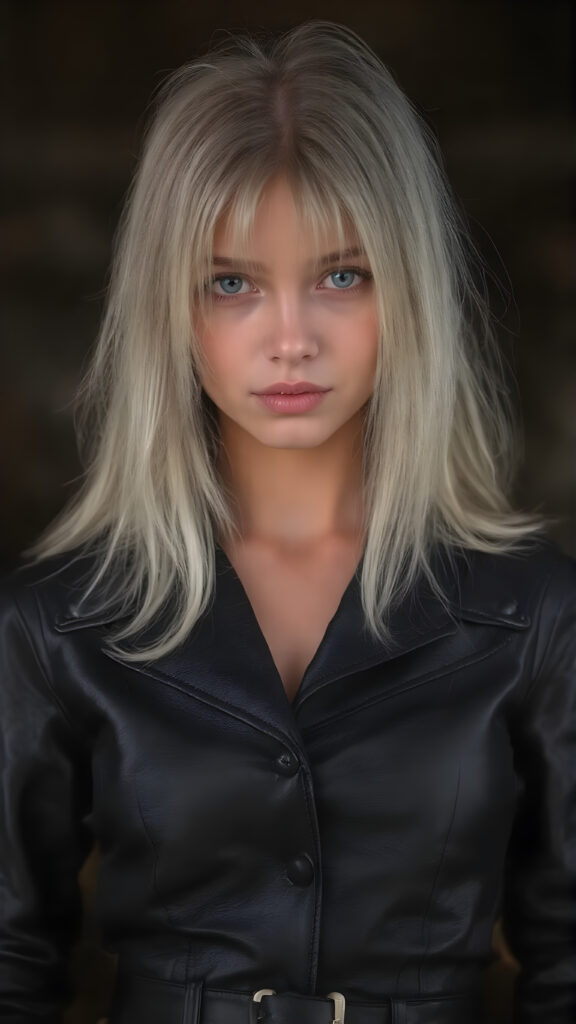 A (((realistically captured high-resolution photograph))), portraying a (((beautiful young girl))) with ((straight, long, white hair)) and (((black irises))) in a (((black leather armor leader suit))), accessorized with a (((golden belt))), poised confidently with a (((subtle smile))) that gives off a youthful, powerful allure, seductive, full body shot, reminiscent of the 40s, with a (((perfectly proportioned figure))), emphasizing its (modern sophistication) and vintage fashion themes, set against a backdrop of (detailed, ultra high definition rendering), with (sharp focus) on her face and (softly blurred) background that enhances the overall (mysterious atmosphere)