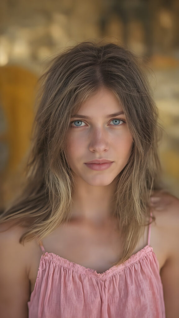 A (((realistically captured moment in a warm, sunny setting))), where a (((beautiful dirty teen girl))) with (long, messy hair) and (a softly faded summer dress) is posed against a backdrop of a (retro 80s-style backdrop) for a full-body shot. Her face exudes a (vibrant, happy vibe), with (natural skin) and (defined, pale blue eyes) that give off a (cool, detailed glow). Her expression is (extremely happy and serene), as if captured in a (professional studio photo) that exudes a (soft, warm light) with intricate details on her face and skin that make her look (extremely beautiful) at an 8K resolution and UHD advanced image quality