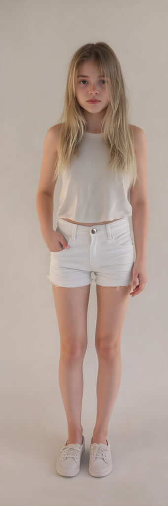 A (((realistically drawn full body shot))) of a (((cute young teen girl))) with long, straight soft blond hair, (pretty eyes), and a (delicate, almost translucent, yet perfectly detailed and perfectly proportioned figure) that defies the realm of reality, complemented by (white mini short jeans pants) and ((white shoes)), (((against a backdrop of a (softly lit grey studio setting))) with a warm, cozy, inviting glow