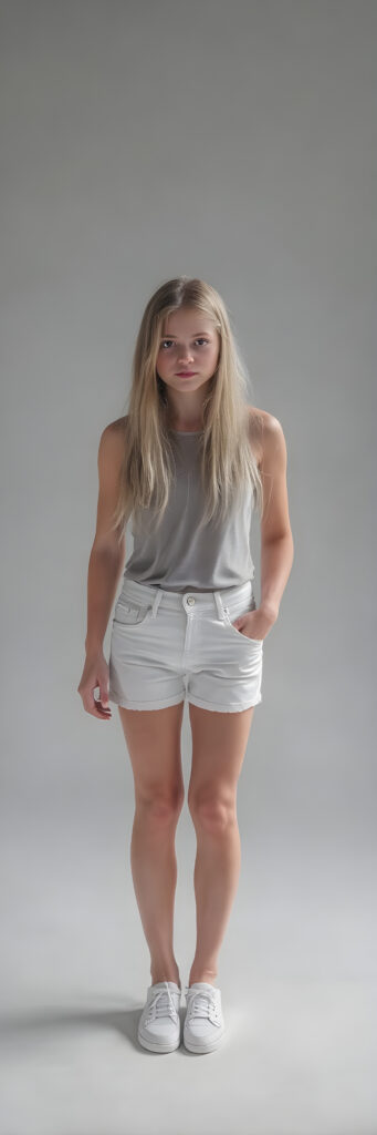 A (((realistically drawn full body shot))) of a (((cute young teen girl))) with long, straight soft blond hair, (pretty eyes), and a (delicate, almost translucent, yet perfectly detailed and perfectly proportioned figure) that defies the realm of reality, complemented by (white mini short jeans pants) and ((white shoes)), (((against a backdrop of a (softly lit grey studio setting))) with a warm, cozy, inviting glow