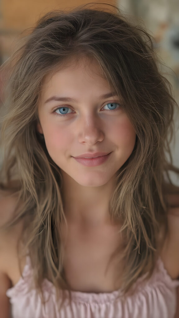 A (((realistically captured moment in a warm, sunny setting))), where a (((beautiful dirty teen girl))) with (long, messy hair) and (a softly faded summer dress) is posed against a backdrop of a (retro 80s-style backdrop) for a full-body shot. Her face exudes a (vibrant, happy vibe), with (natural skin) and (defined, pale blue eyes) that give off a (cool, detailed glow). Her expression is (extremely happy and serene), as if captured in a (professional studio photo) that exudes a (soft, warm light) with intricate details on her face and skin that make her look (extremely beautiful) at an 8K resolution and UHD advanced image quality